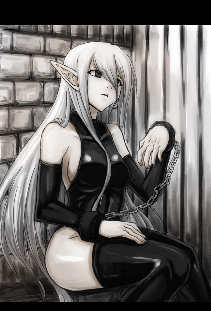 bound_hands, bound_wrists, chain, chains, elbow_gloves, elf, gloves, long_hair