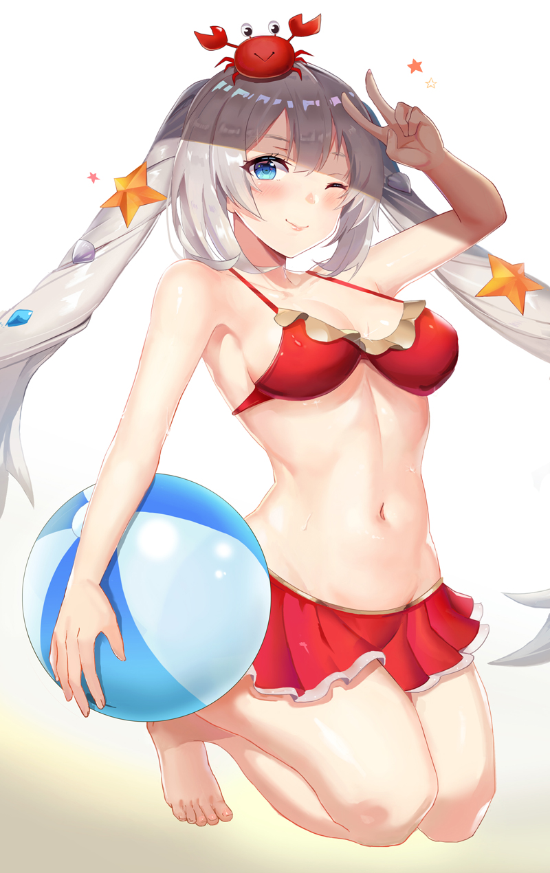 1girl, arm_up, ball, bangs, bare_arms, bare_legs, bare_shoulders, barefoot
