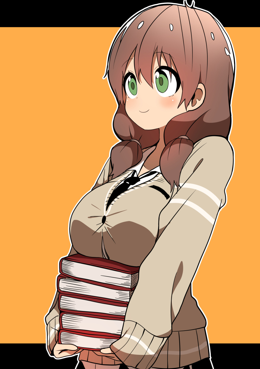 1girl, absurdres, blush, book, breast_lift, breasts, brown_hair, bural_chingu