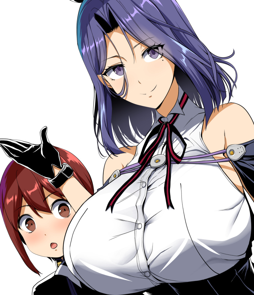 1boy, 1girl, bare_shoulders, black_gloves, breasts, brown_eyes, brown_hair, gloves, hair_intakes, highres, huge_breasts, kantai_collection, kloah, little_boy_admiral_(kantai_collection), long_hair, mole, mole_under_eye, purple_hair, short_hair, simple_background, tatsuta_(kantai_collection), violet_eyes, white_background
