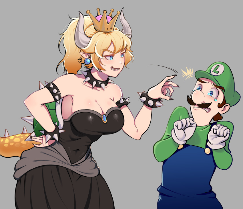 /\/\/\, 1boy, 1girl, armlet, armpits, artistntraining, bare_shoulders, black_dress, blonde_hair, blue_eyes, bowsette, bracelet, breasts, brooch, brown_hair, cleavage, clenched_teeth, collar, collarbone, commentary, crown, dress, earrings, english_commentary, eyebrows_visible_through_hair, eyebrows_visible_through_hat, facial_hair, gloves, grey_background, grin, hand_on_hip, hand_up, hands_up, hat, high_ponytail, highres, horns, jewelry, large_breasts, long_hair, long_sleeves, looking_at_another, luigi, super_mario_bros., mustache, new_super_mario_bros._u_deluxe, nintendo, overalls, pointy_ears, ponytail, scared, sharp_teeth, shirt, simple_background, smile, spiked_armlet, spiked_bracelet, spiked_collar, spiked_shell, spiked_tail, spikes, standing, strapless, strapless_dress, super_crown, super_mario_bros., tail, teeth, turtle_shell, upper_body, v-shaped_eyebrows
