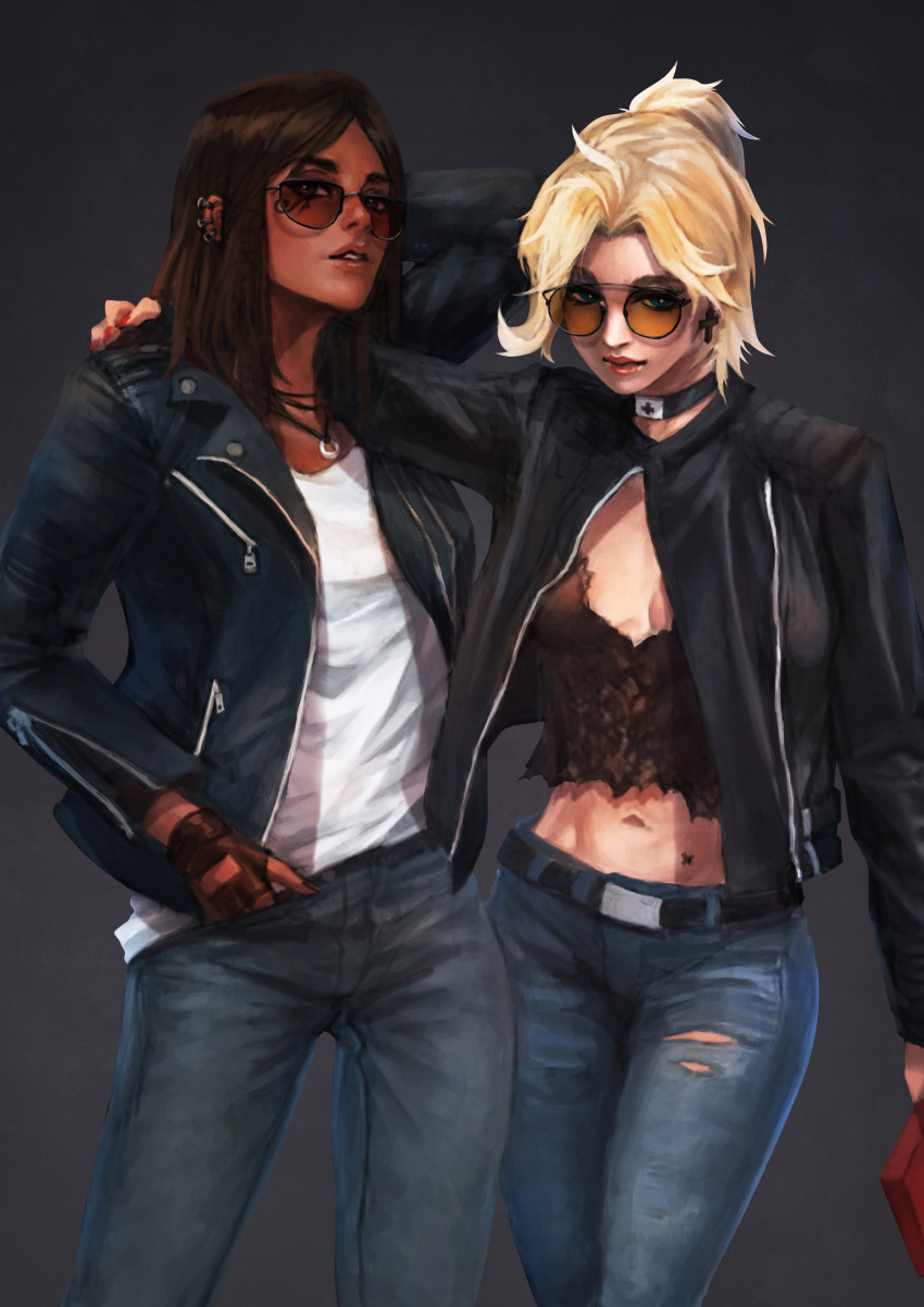 2girls, absurdres, arm_around_shoulder, blonde_hair, blue_eyes, breasts, brown_hair, casual