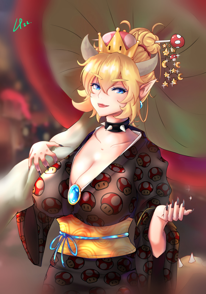 1girl, black_nails, blonde_hair, blue_eyes, bowsette, breasts, cleavage, collar