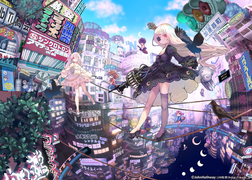 2boys, 6+girls, afro, artist_name, billboard, bird, black_dress, blonde_hair