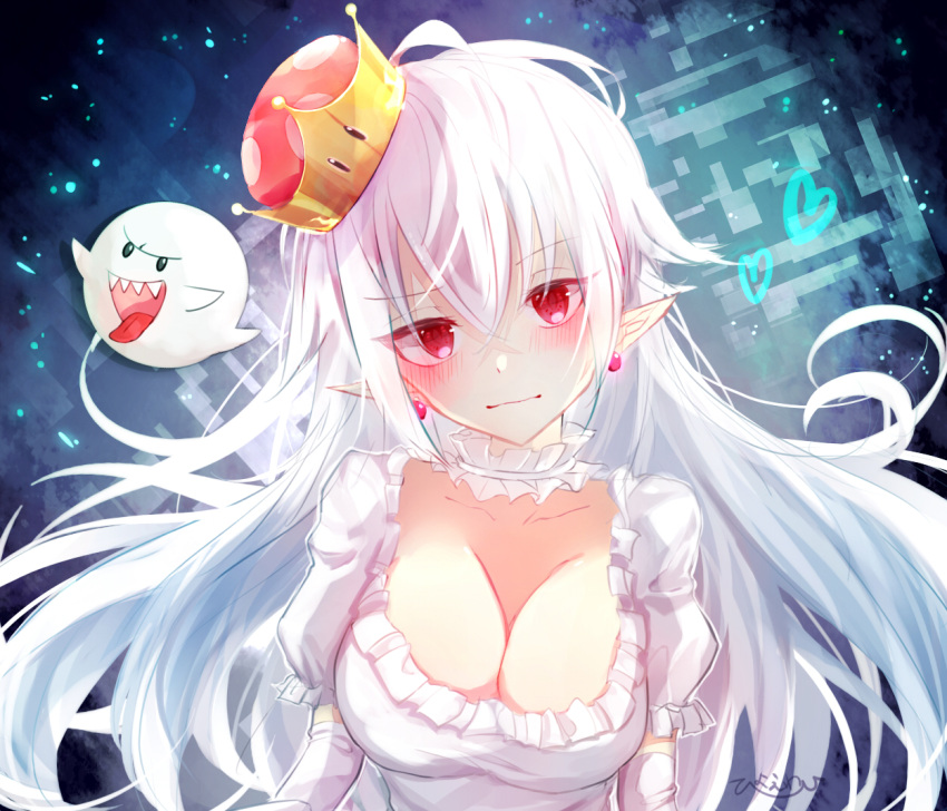 1girl, artist_name, blush, boo, breasts, cleavage, closed_mouth, collar, collarbone, commentary_request, dress, earrings, elbow_gloves, eyebrows_visible_through_hair, frilled_collar, frilled_dress, frilled_sleeves, frills, gloves, hair_between_eyes, heart, jewelry, large_breasts, long_hair, looking_at_viewer, luigi's_mansion, super_mario_bros., new_super_mario_bros._u_deluxe, nintendo, pointy_ears, princess_king_boo, puffy_short_sleeves, puffy_sleeves, red_eyes, ruto_(rutodesu), short_sleeves, solo_focus, super_crown, tilted_headwear, upper_body, very_long_hair, white_dress, white_gloves, white_hair