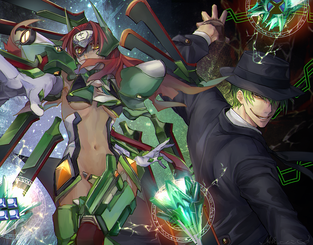 1boy, 1girl, akilico, alternate_color, blazblue, fedora, forehead_protector, gloves
