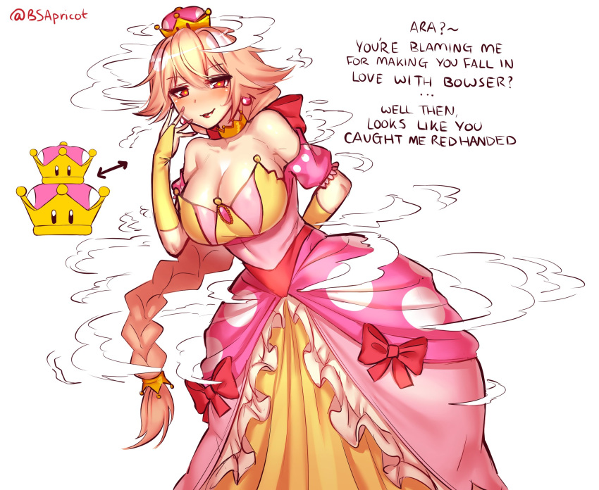 1girl, bare_shoulders, braid, breasts, bridal_gauntlets, brooch, cleavage, crownette