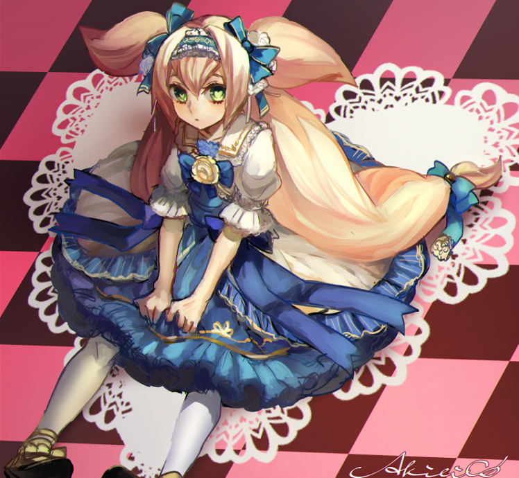 1girl, akilico, alternate_costume, blazblue, blonde_hair, blue_legwear, dress, green_eyes