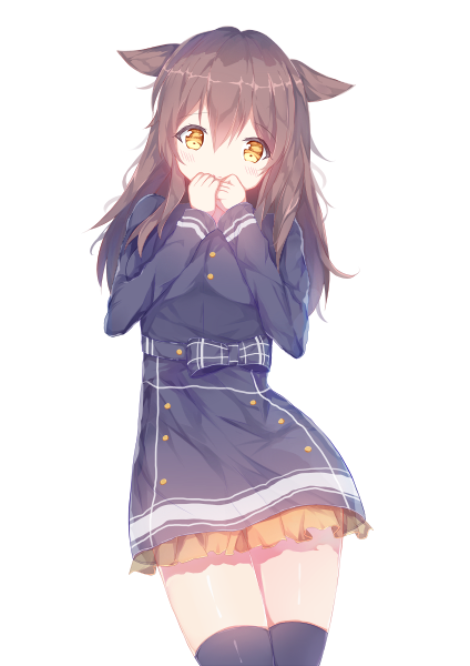 1girl, animal_ears, belt, blush, brown_hair, cat_ears, dress, eyebrows_visible_through_hair
