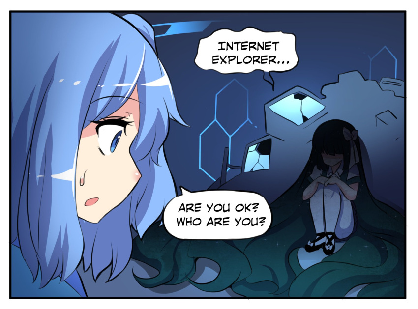 2girls, 4koma, bangs, blue_eyes, blue_hair, bow, broken, broken_glass