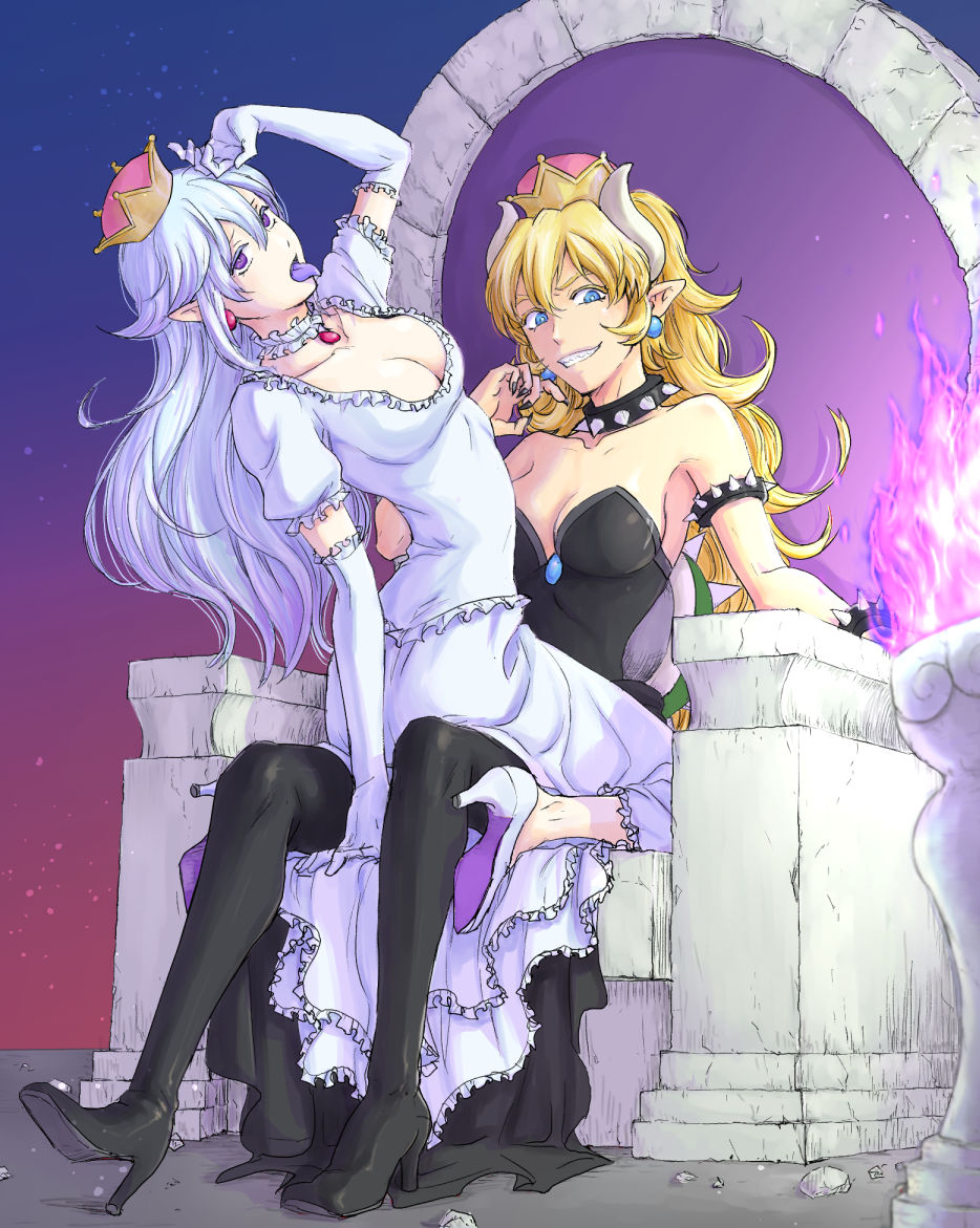 2girls, bangs, black_dress, black_footwear, black_nails, blonde_hair, blue_earrings, blue_eyes, boots, bowsette, bracelet, breasts, brooch, choker, cleavage, collar, colored_eyelashes, commentary_request, dress, earrings, elbow_gloves, fingernails, fire, frilled_dress, frilled_gloves, frills, gloves, gradient_hair, grin, hair_between_eyes, hand_up, high_heel_boots, high_heels, impossible_clothes, impossible_dress, jewelry, kneeling, lavender_hair, long_hair, long_ponytail, looking_at_viewer, looking_up, luigi's_mansion, super_mario_bros., moyo_(inuchiyo), multicolored_hair, multiple_girls, nail_polish, new_super_mario_bros._u_deluxe, night, night_sky, nintendo, on_lap, pointy_ears, princess_king_boo, purple_fire, red_earrings, rock, sharp_fingernails, sharp_teeth, sitting, skinny, sky, smile, spiked_bracelet, spiked_collar, spikes, star_(sky), strapless, strapless_dress, super_crown, teeth, thigh-highs, thigh_boots, tongue, tongue_out, twilight, violet_eyes, white_choker, white_dress, white_footwear, white_gloves, white_hair, wide_ponytail