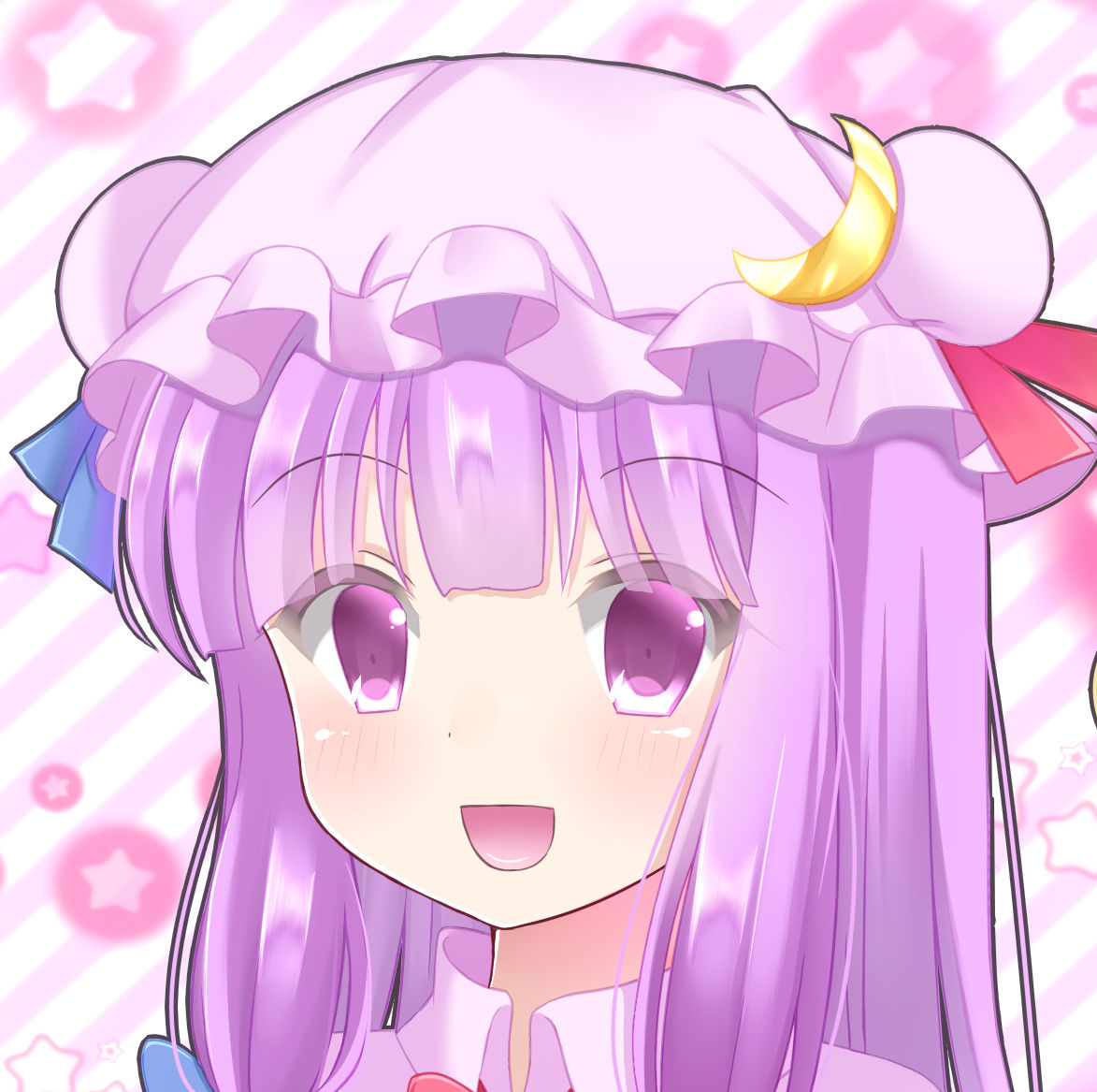 1girl, blue_ribbon, blush, bright_background, close-up, crescent, crescent_moon_pin, double_bun