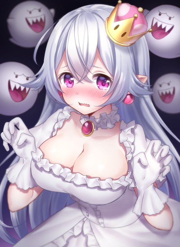 1girl, blush, boo, breasts, cleavage, crown, dress, frilled_dress