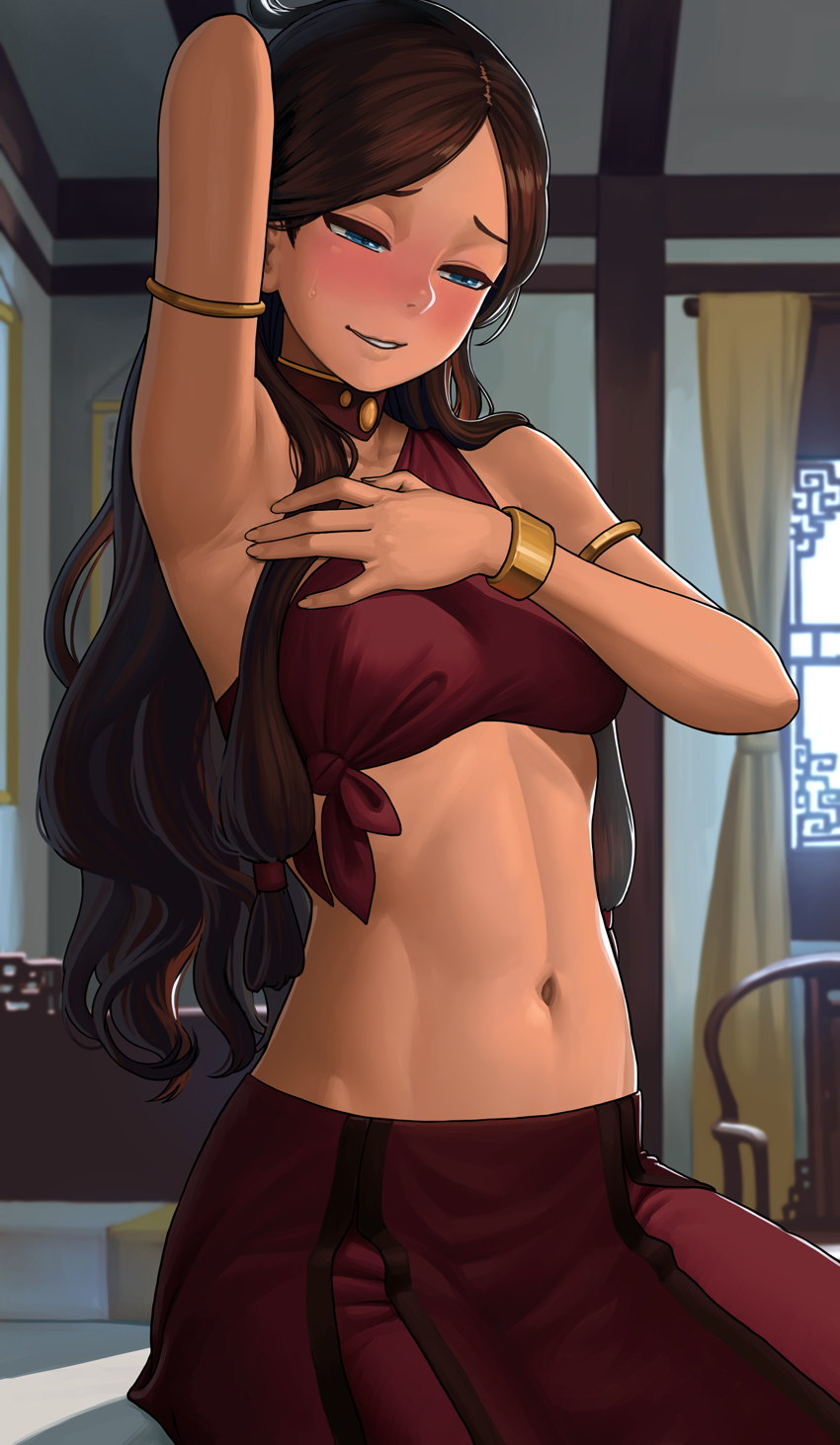 1girl, arm_up, armlet, armpits, avatar:_the_last_airbender, avatar_legends, bangs, bare_shoulders