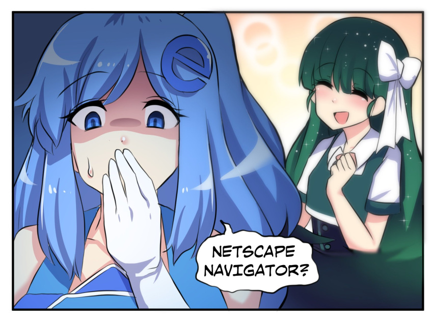 2girls, black_hair, blue_eyes, blue_hair, blush, bow, closed_eyes, collarbone