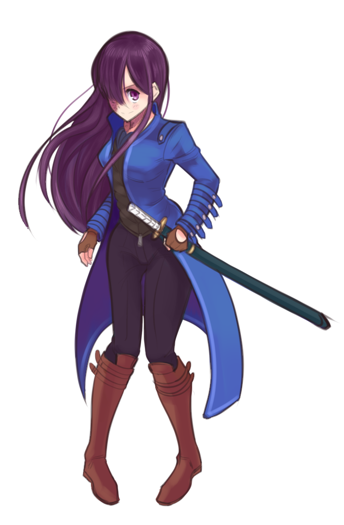 1girl, artist_request, blue_coat, boots, brown_footwear, brown_gloves, burn_scar, cosplay