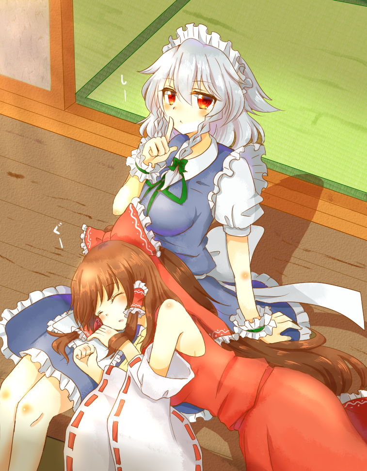 2girls, bare_shoulders, bow, bowtie, braid, brown_hair, commentary_request, detached_sleeves, finger_to_mouth, frilled_skirt, frills, green_bow, green_neckwear, green_ribbon, hair_bow, hair_tubes, hakurei_reimu, izayoi_sakuya, lap_pillow, long_hair, looking_at_viewer, maid, maid_headdress, medium_hair, multiple_girls, open_mouth, red_bow, red_eyes, ribbon, ribbon-trimmed_sleeves, ribbon_trim, shushing, silver_hair, sitting, skirt, sleeping, tanikake_yoku, touhou, twin_braids, very_long_hair, yuri