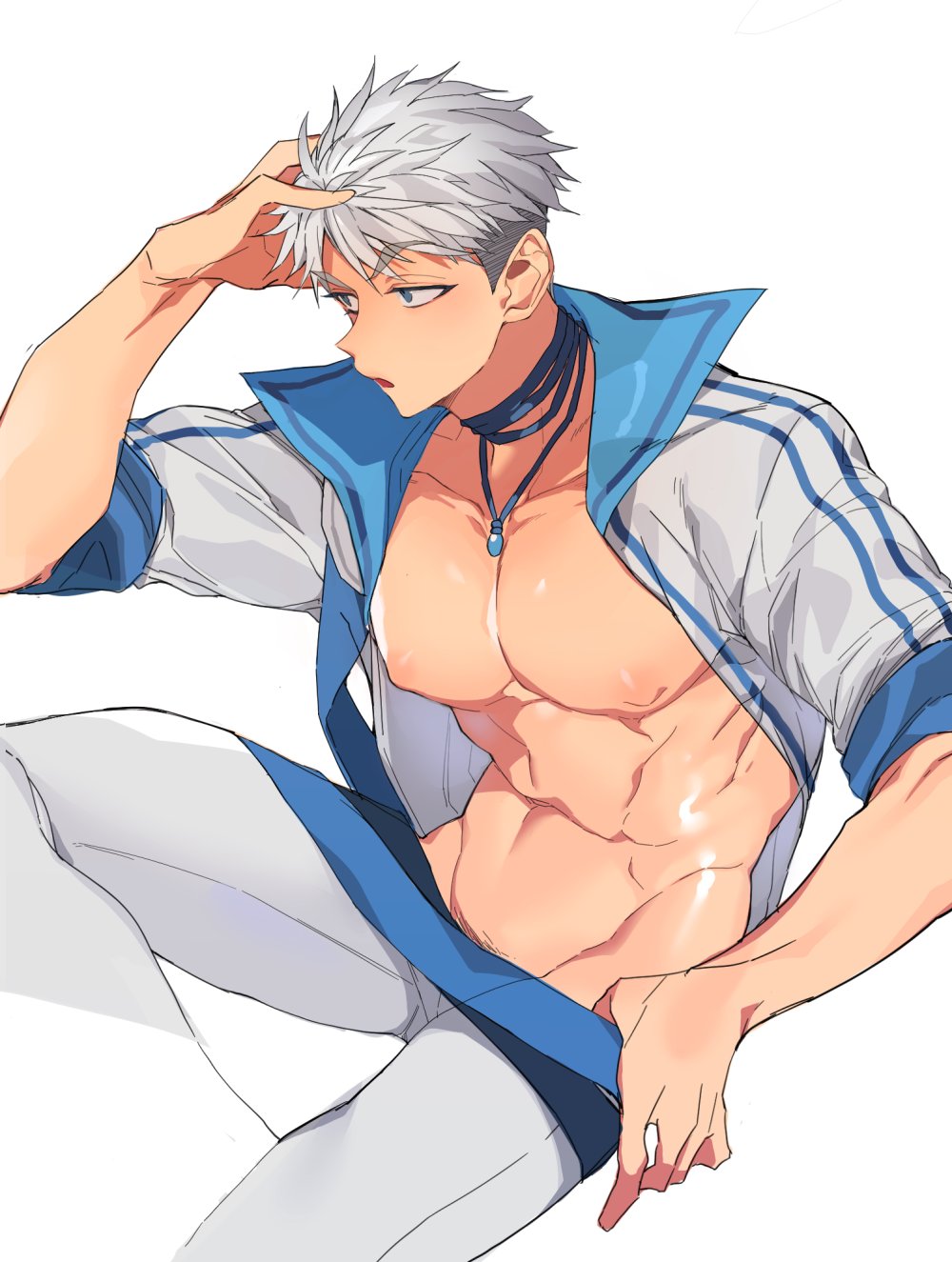 1boy, adonis_belt, alfi_(tok), blue_eyes, hand_on_own_head, highres, jacket, jewelry