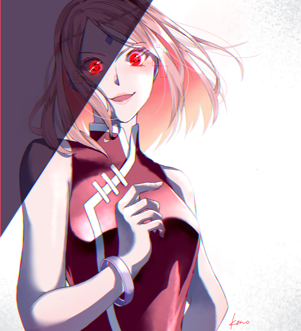 :d, alternate_eye_color, bangs, boruto:_naruto_next_generations, bracelet, facial_mark, floating_hair, haruno_sakura, jewelry, kon_(pixiv25778309), looking_at_viewer, naruto_(series), open_mouth, parted_bangs, pink_hair, red_eyes, red_shirt, sharingan, shiny, shiny_hair, shirt, short_hair, signature, sleeveless, sleeveless_shirt, smile