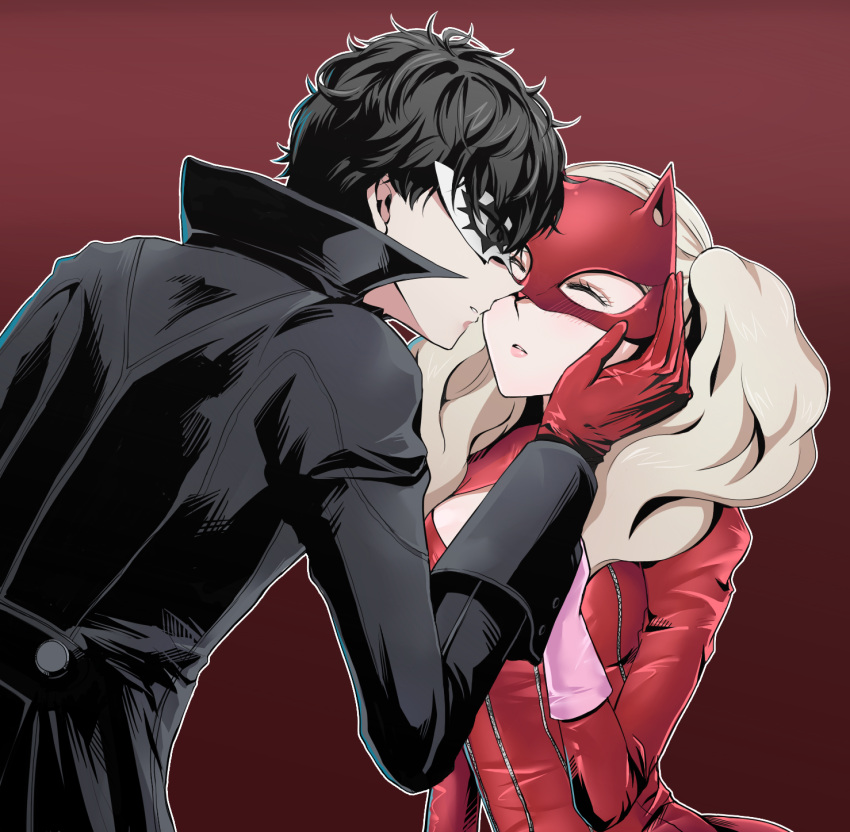 1boy, 1girl, amamiya_ren, atlus, black_coat, black_hair, blonde_hair, bodysuit