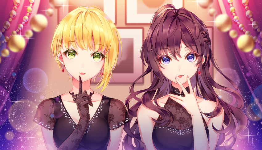 2girls, :d, black_dress, black_gloves, blonde_hair, blue_eyes, breasts, brown_hair