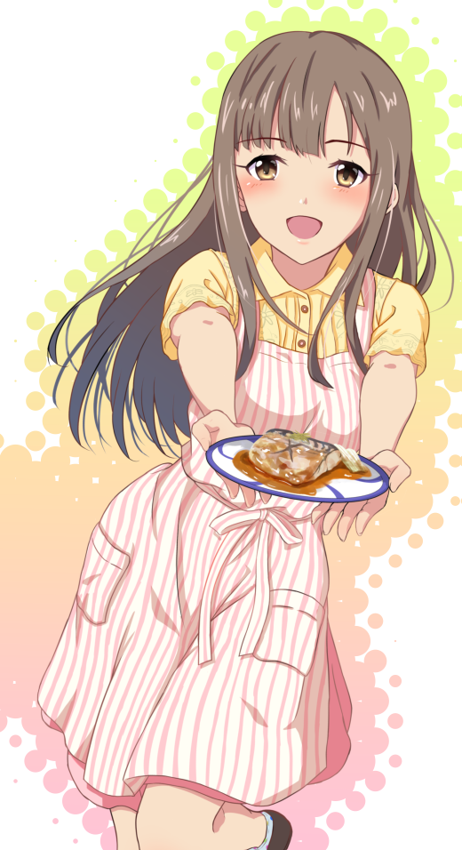 1girl, :d, blush, brown_eyes, brown_hair, dress_shirt, floating_hair, holding, idolmaster, idolmaster_cinderella_girls, leg_up, long_hair, looking_at_viewer, mizumoto_yukari, open_mouth, shiny, shiny_hair, shirt, short_sleeves, smile, solo, standing, standing_on_one_leg, toufuu, vertical-striped_apron, yellow_shirt