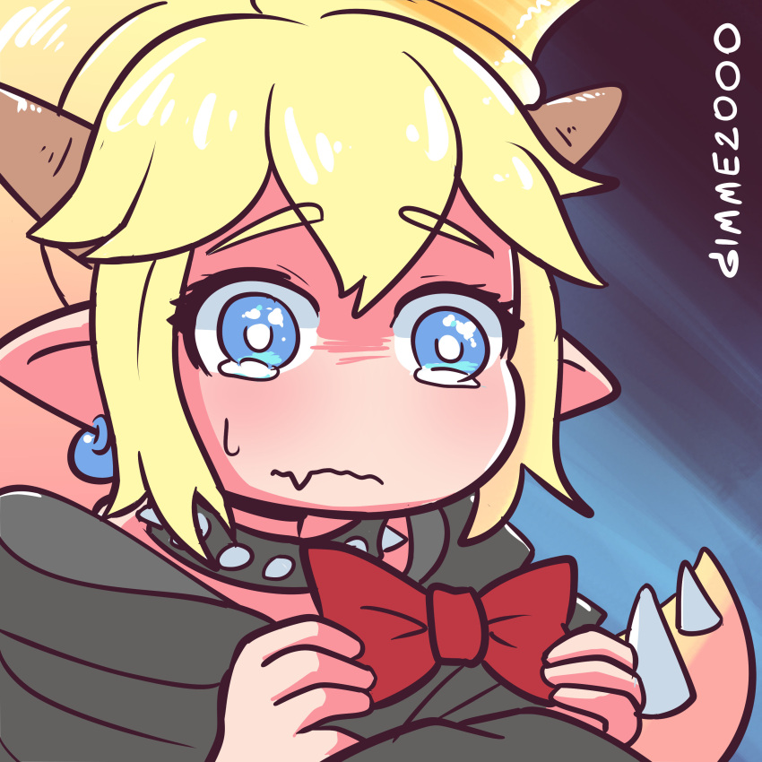 1girl, 1koma, absurdres, bangs, black_dress, blue_eyes, bowsette, collar
