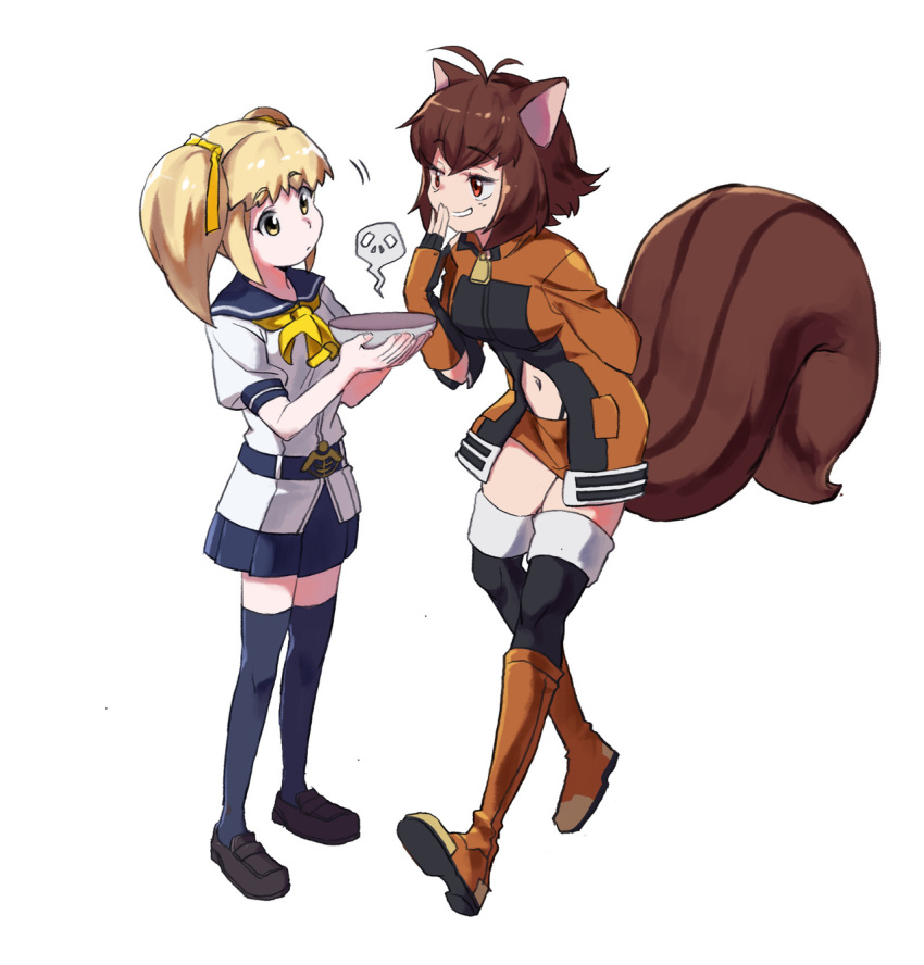 2girls, bad_food, blazblue, blazblue:_cross_tag_battle, blonde_hair, blue_legwear, brown_eyes, brown_hair, commentary, english_commentary, food, gloves, hair_ornament, hair_ribbon, highres, jacket, makoto_nanaya, mika_(under_night_in-birth), multiple_girls, orange_jacket, ribbon, rvfornothing, school_uniform, short_twintails, skull, squirrel_girl, squirrel_tail, tail, twintails, under_night_in-birth, under_night_in-birth_exe:late[st]
