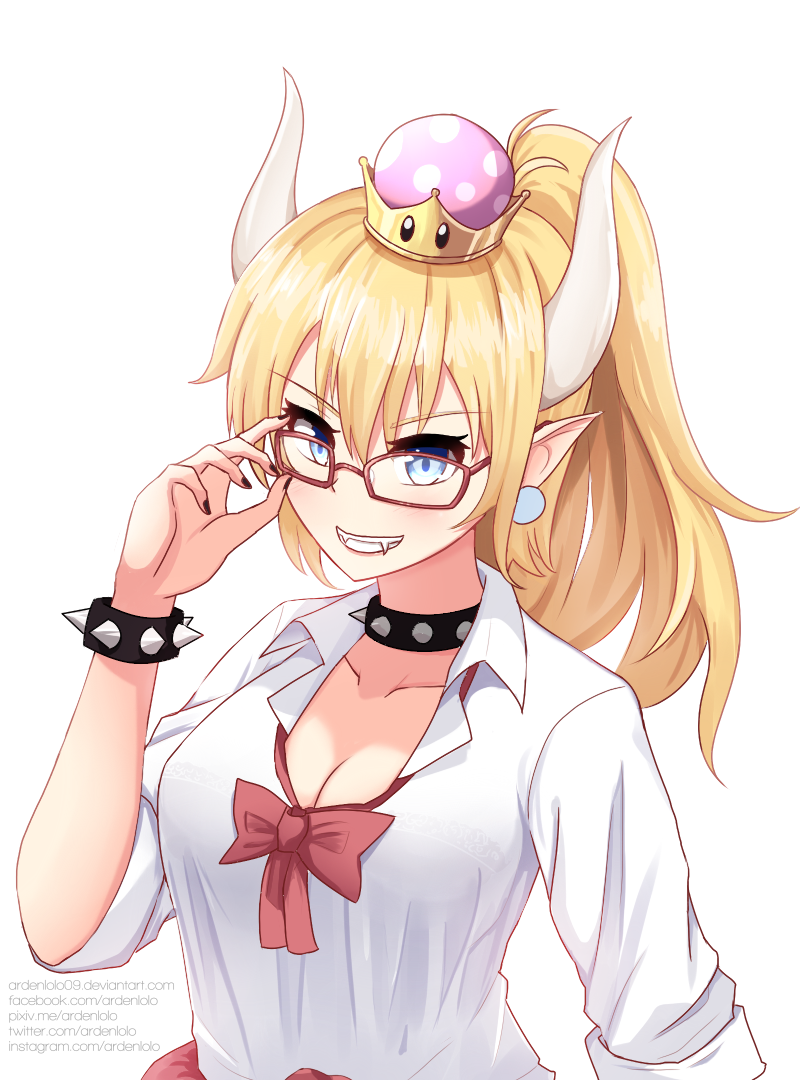 1girl, adjusting_eyewear, alternate_costume, ardenlolo, bangs, bespectacled, black_bra, black_nails, blonde_hair, blue_eyes, blush, bow, bowsette, bowtie, bra, bracelet, collared_shirt, fangs, glasses, grey_earrings, grin, gyaru, hair_between_eyes, horns, jewelry, kogal, lace, lace-trimmed_bra, long_ponytail, looking_at_viewer, loose_bowtie, super_mario_bros., nail_polish, new_super_mario_bros._u_deluxe, nintendo, open_collar, outline, pointy_ears, red_neckwear, school_uniform, see-through, shiny, shiny_hair, shirt, short_sleeves, sidelocks, sleeves_rolled_up, smile, solo, spiked_bracelet, spikes, super_crown, underwear, upper_body, watermark, web_address, white_background, white_shirt