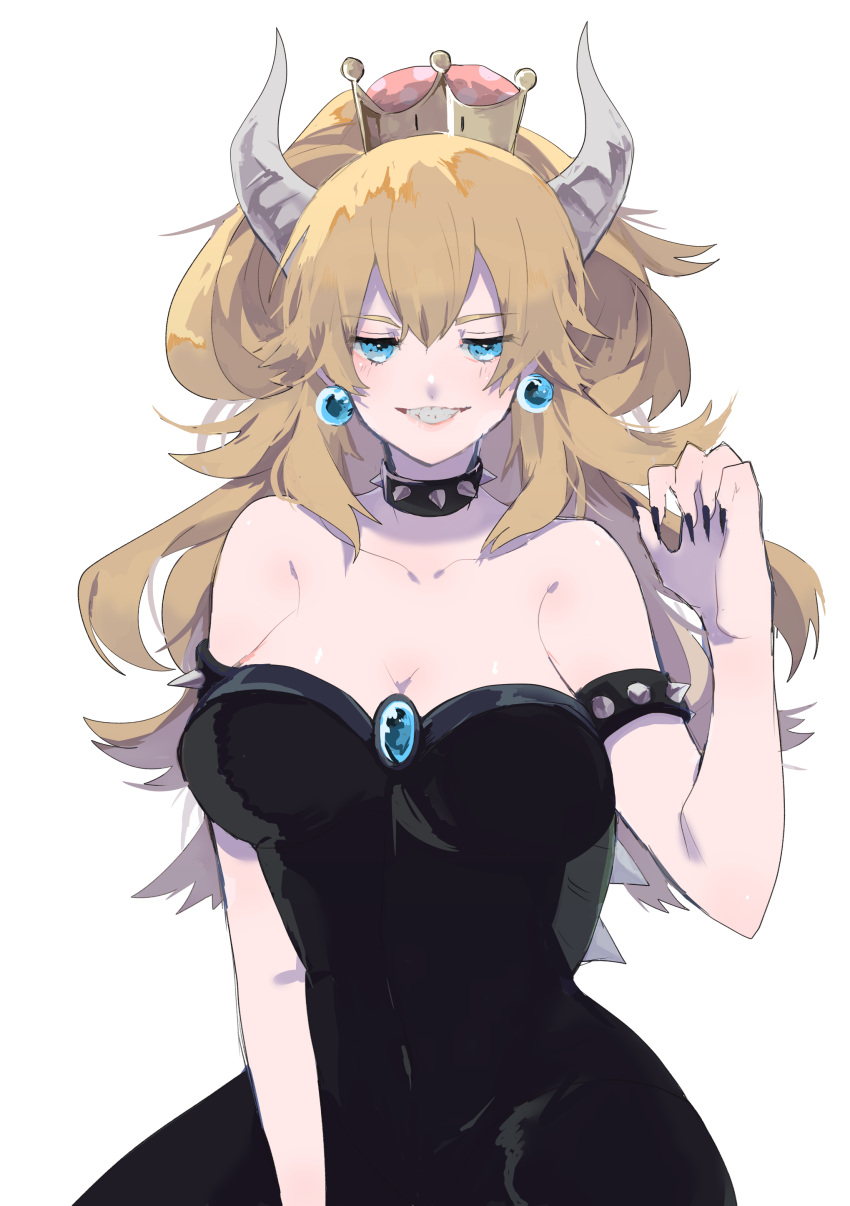 1girl, absurdres, bare_shoulders, black_dress, blonde_hair, blue_eyes, bowsette, bracelet