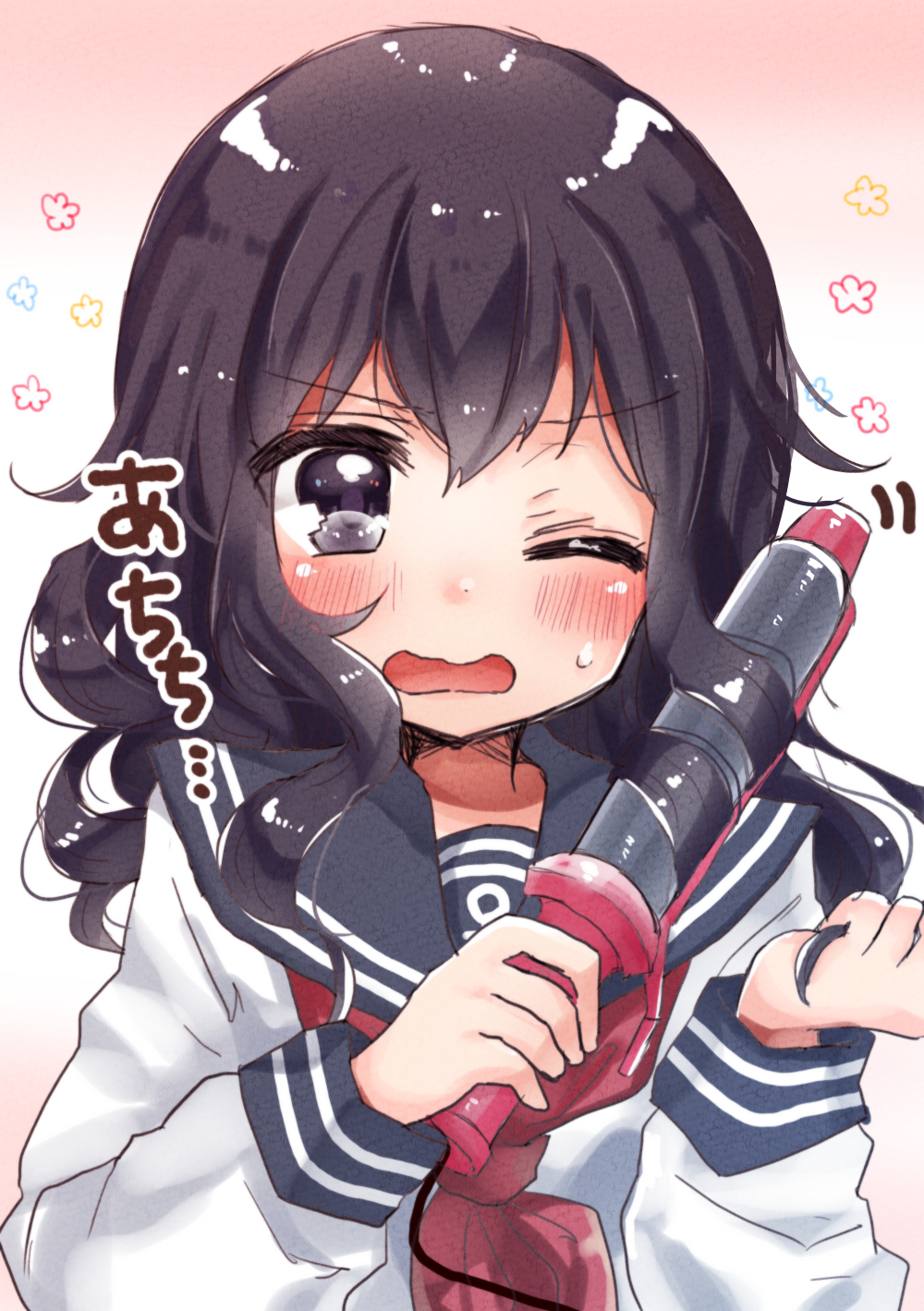 1girl, akatsuki_(kantai_collection), alternate_hairstyle, anchor_symbol, black_serafuku, blush, curling_iron, eyebrows_visible_through_hair
