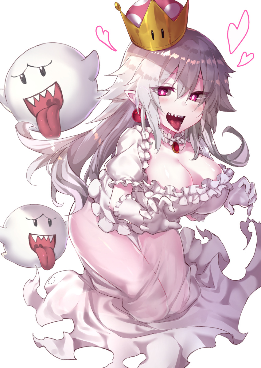 1girl, absurdres, boo, breasts, brooch, claw_pose, cleavage, collar