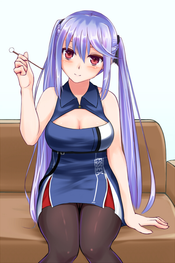 1girl, azur_lane, bangs, bare_shoulders, black_legwear, black_ribbon, blue_dress, blue_hair