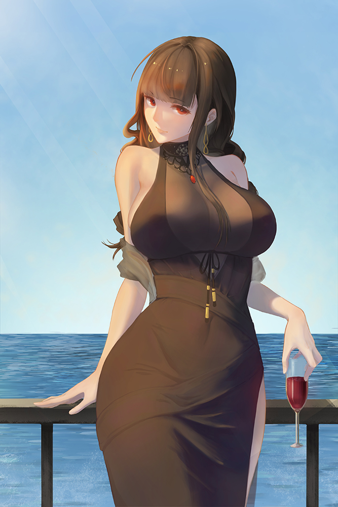 1girl, against_railing, alcohol, bangs, bare_shoulders, black_dress, black_ribbon, blue_sky
