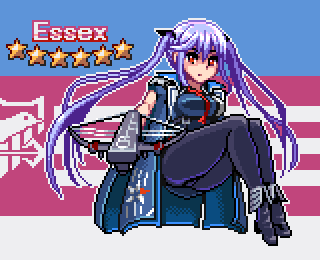 1girl, azur_lane, black_footwear, black_legwear, black_ribbon, blue_cloak, blue_dress, blue_hair, breasts, character_name, collared_cloak, commentary_request, dress, emblem, essex_(azur_lane), floating, floating_hair, hair_ribbon, holding_crossbow, long_hair, lowres, medium_breasts, necktie, ookura_okura, outstretched_arm, panties, panties_under_pantyhose, pantyhose, pantyshot, pantyshot_(sitting), pixel_art, pointing_weapon, red_eyes, red_neckwear, ribbon, sitting, sleeveless, solo, star, star_print, twintails, underbust, underwear