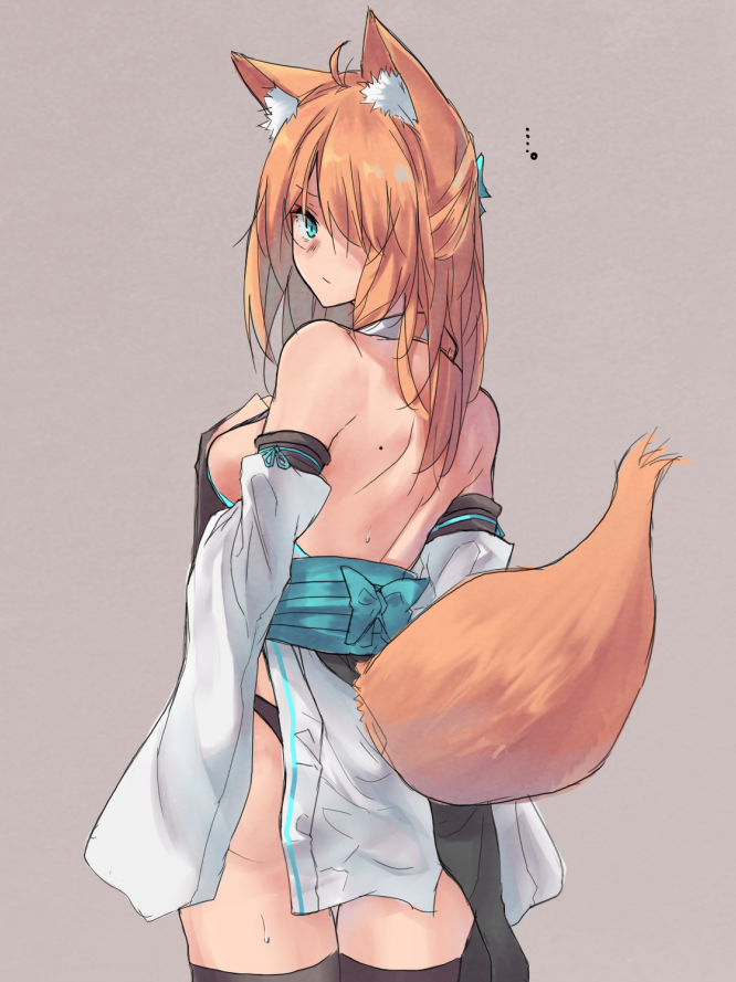..., 1girl, ahoge, animal_ears, ass, back, bare_shoulders, black_legwear