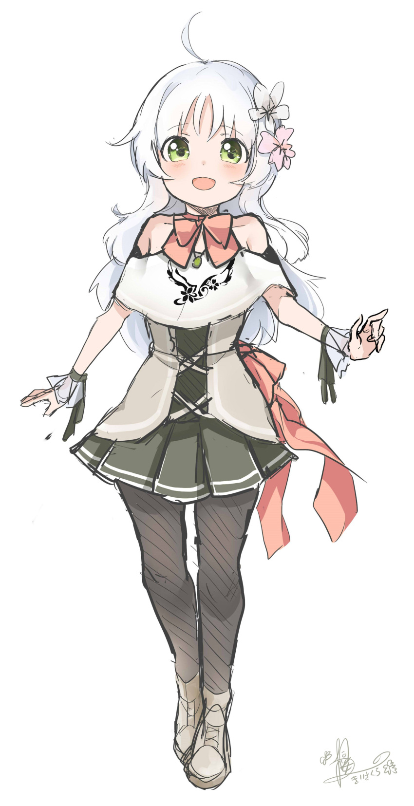 1girl, :d, absurdres, bangs, bare_shoulders, black_legwear, black_skirt, blush