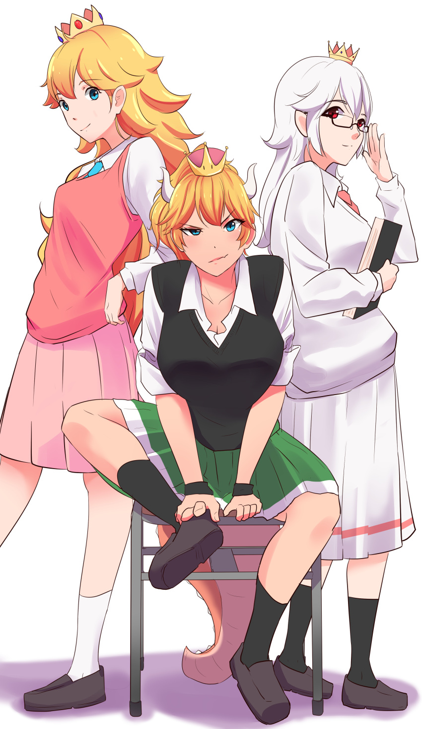 3girls, :/, absurdres, adjusting_eyewear, alilippoi, alternate_costume, black_cardigan, black_footwear
