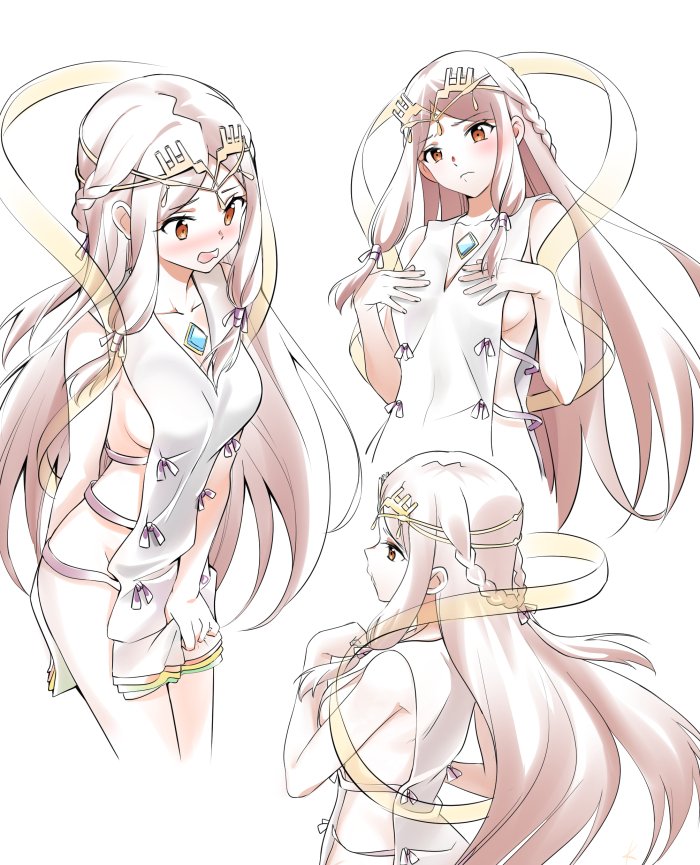 1girl, ass, blush, collarbone, embarrassed, fan_la_norne, long_hair, monochrome, naked_shirt, niameresp, nintendo, no_panties, shirt, short_hair, simple_background, smile, xenoblade_(series), xenoblade_2, xenoblade_2:_ogon_no_kuri_ira, yellow_eyes