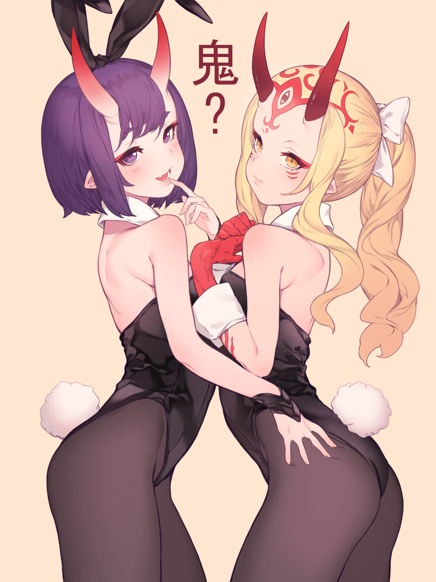 2girls, absurdres, animal_ears, bare_shoulders, black_leotard, blonde_hair, blush, bob_cut