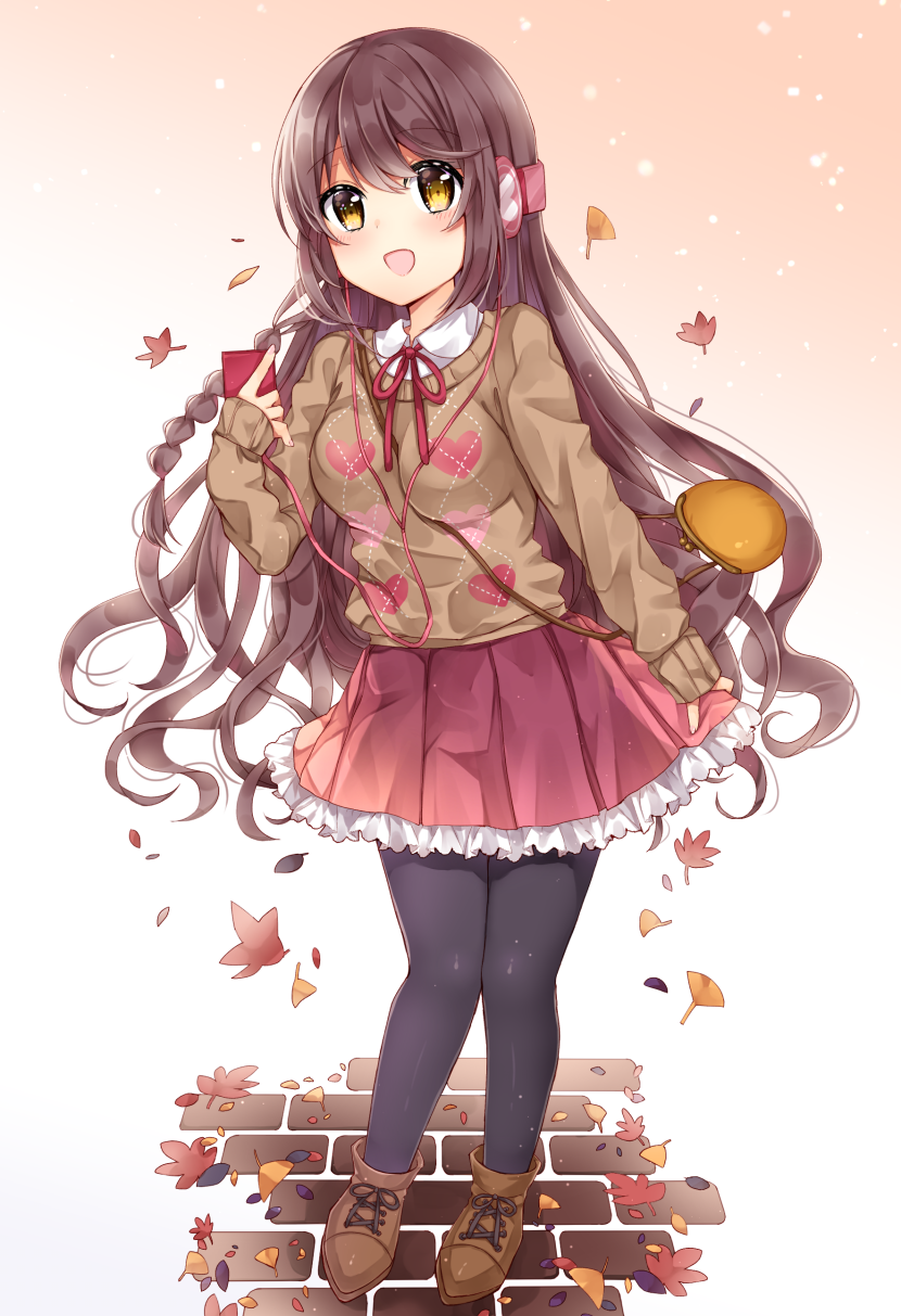 1girl, :d, autumn_leaves, bag, bangs, black_legwear, blush, breasts