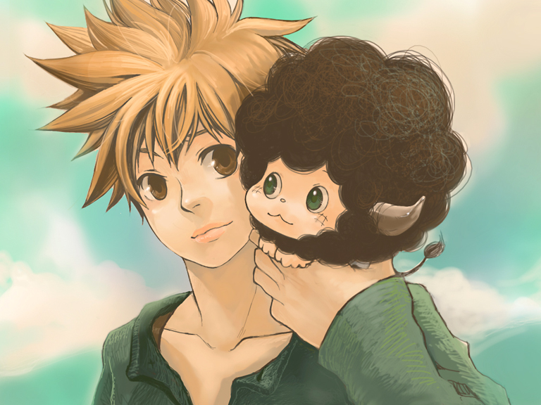 blonde_hair, brown_eyes, cloud, cow, green_eyes, holding, horns, katekyo_hitman_reborn