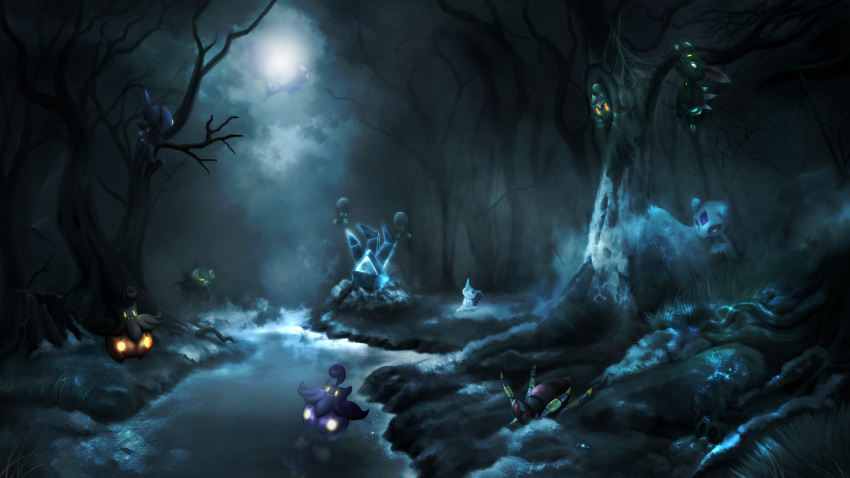 alternate_color, ariados, bare_tree, commentary, creatures_(company), elgyem, english_commentary, fog, forest, froslass, frozen, game_freak, gen_2_pokemon, gen_3_pokemon, gen_4_pokemon, gen_5_pokemon, gen_6_pokemon, gen_7_pokemon, ghost, glowing, glowing_eyes, halloween, highres, ice, j7663701, legendary_pokemon, lunala, luxray, marshadow, mimikyu, moon, moonlight, nature, night, nintendo, no_humans, pokemon, pokemon_(creature), pond, pumpkaboo, sableye, shiny_pokemon, sneasel, tree