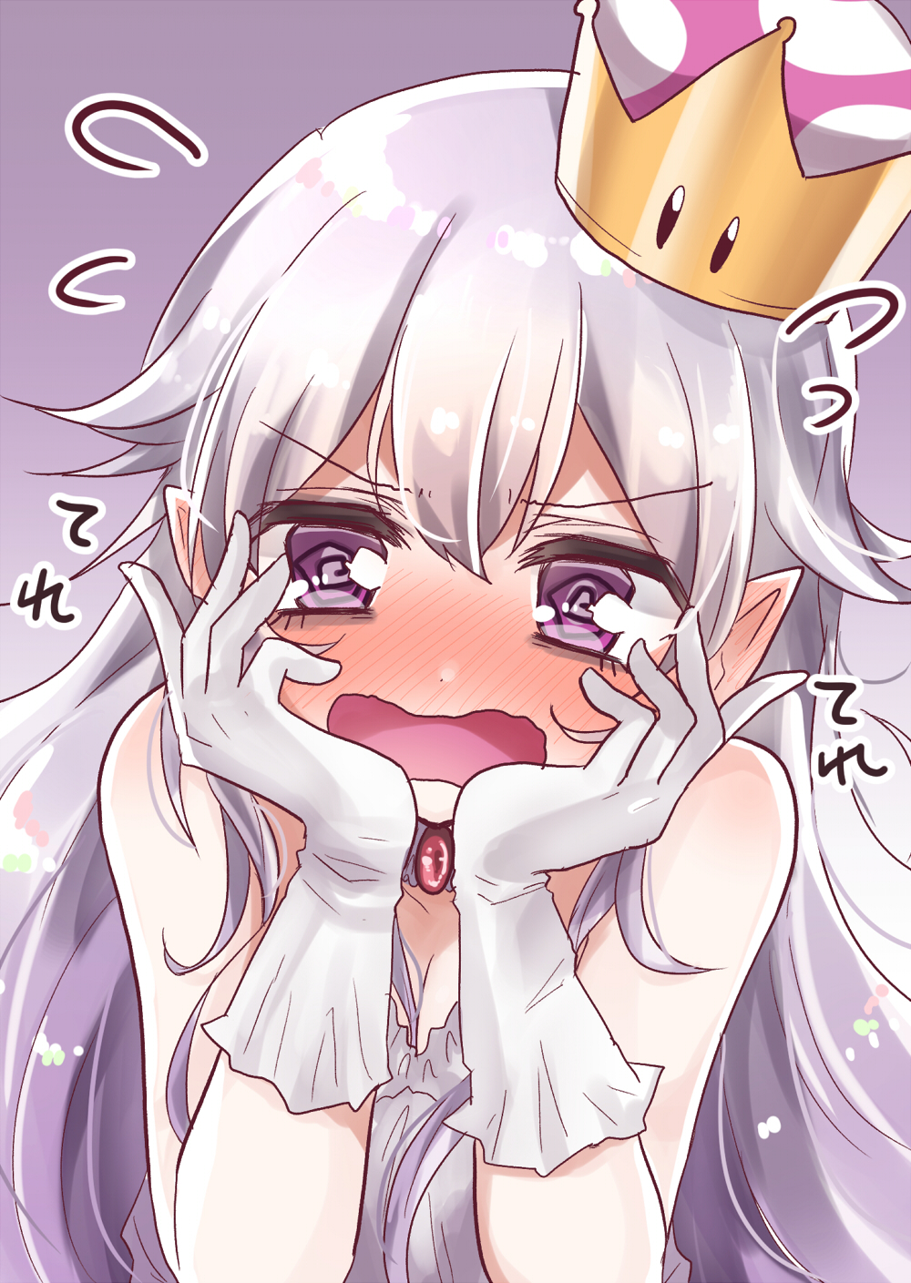 1girl, @_@, blush, breasts, cleavage, commentary_request, eyebrows_visible_through_hair, gloves