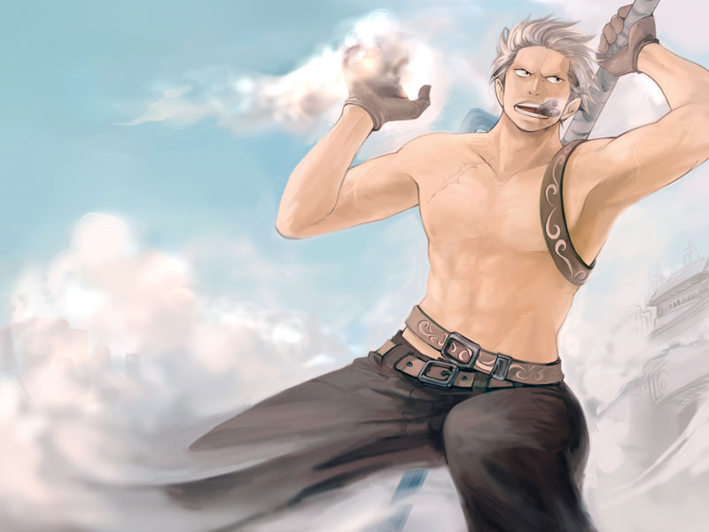 cigar, gloves, jitte, kuji, male, male_only, one_piece, scar, shirtless, smoke, smoker_(one_piece), smoking, weapon, white_hair