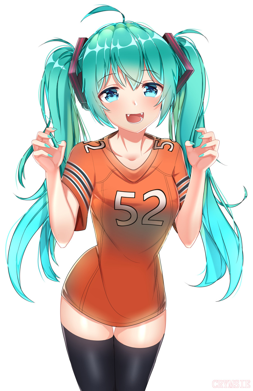 00s, 1girl, :d, absurdres, ahoge, aqua_eyes, aqua_hair, aqua_nails, black_legwear, canine, chicago_bears, commentary, commission, english_commentary, fangs, football_uniform, hatsune_miku, highres, long_hair, looking_at_viewer, matching_hair/eyes, nail_polish, national_football_league, no_pants, open_mouth, rachel_bouvier, sharp_teeth, simple_background, smile, solo, sportswear, standing, thigh-highs, twintails, very_long_hair, vocaloid, white_background, zettai_ryouiki