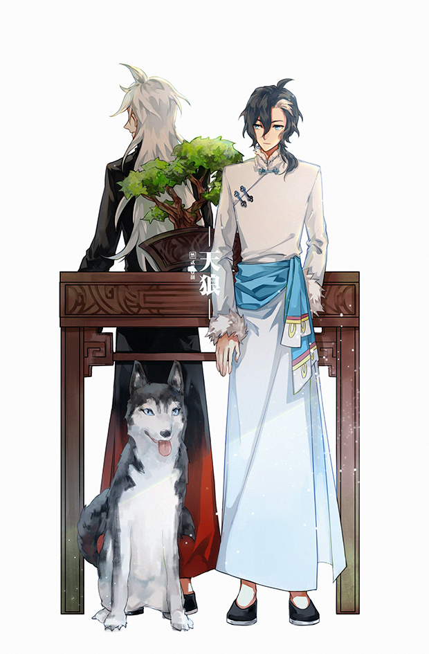 2boys, ahoge, black_footwear, black_jacket, blue_eyes, clothing_request, cranespirit, fur_trim