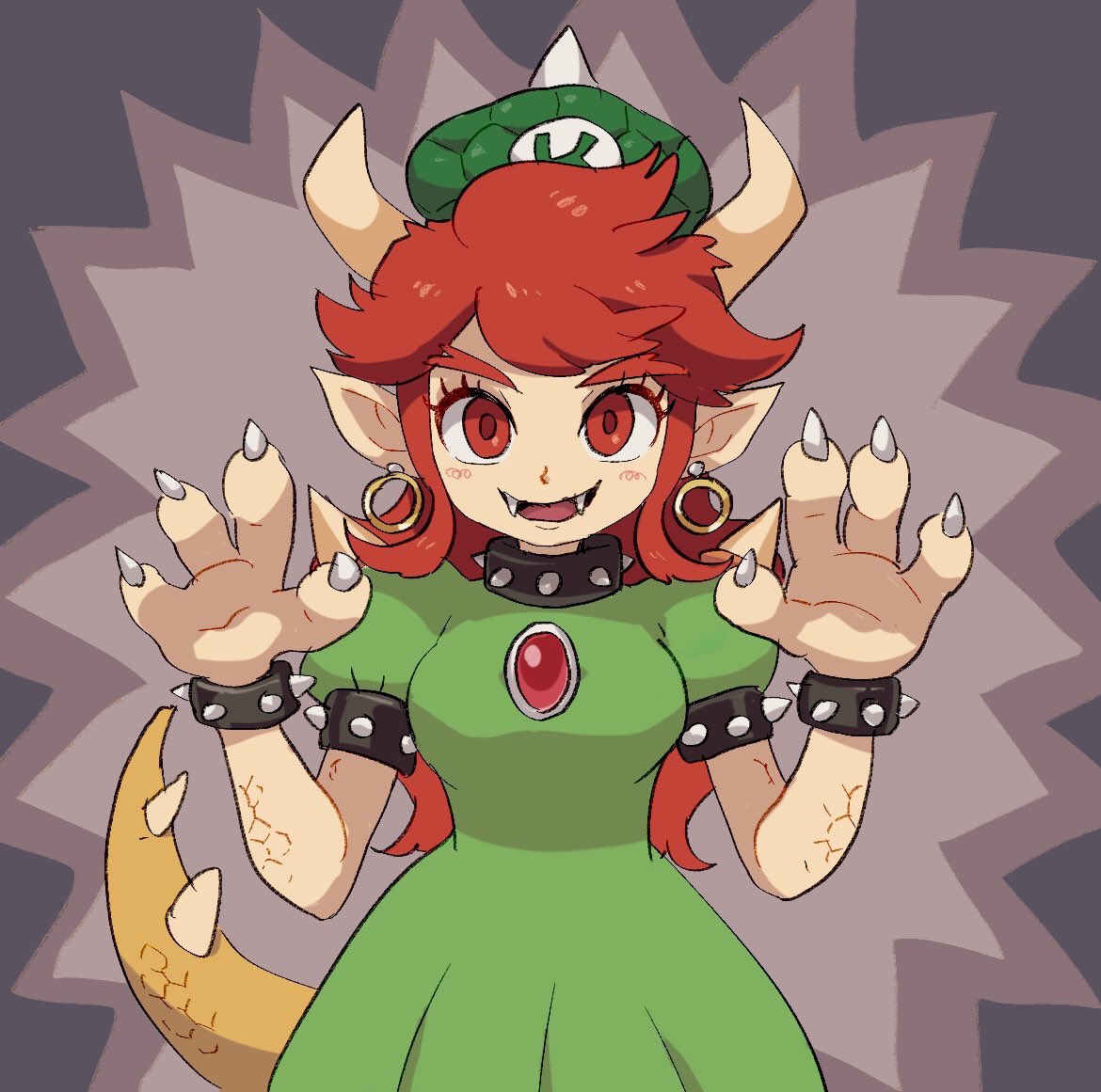 1girl, claws, collar, crown, dress, earrings, fangs, green_dress, hoop_earrings, horns, jewelry, koopa_peach, mebuita, nintendo, possessed, princess_peach, prototype, puffy_short_sleeves, puffy_sleeves, red_eyes, redhead, scales, short_sleeves, solo, spiked_collar, spiked_tail, spikes, super_mario_bros., super_mario_odyssey, tail