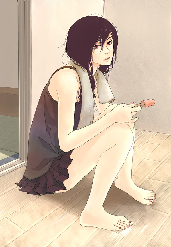 black_hair, feet, kuji, long_hair, popsicle, sitting, towel