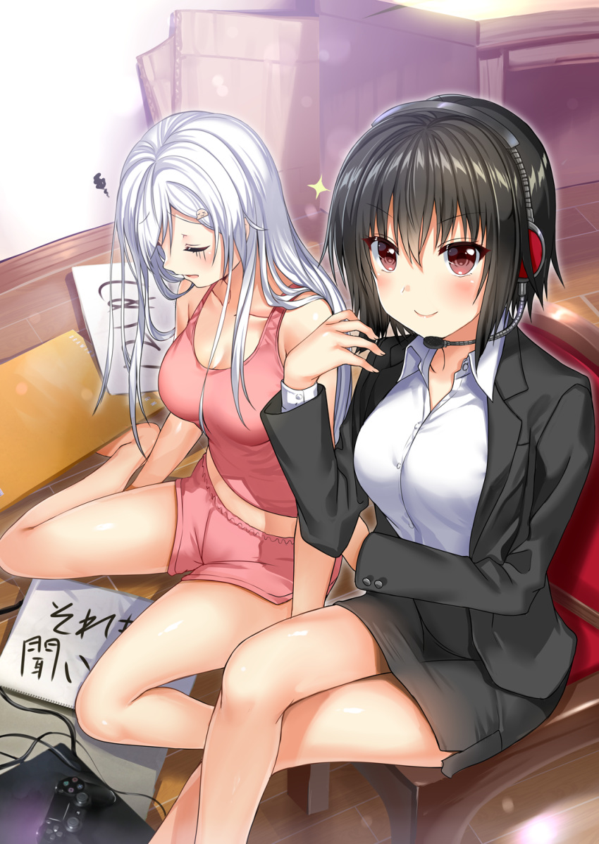 2girls, aldehyde, barefoot, black_hair, black_suit, breasts, brown_eyes, chair